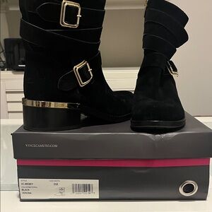 Vince Camuto Black Heeled Boots with Gold Accents